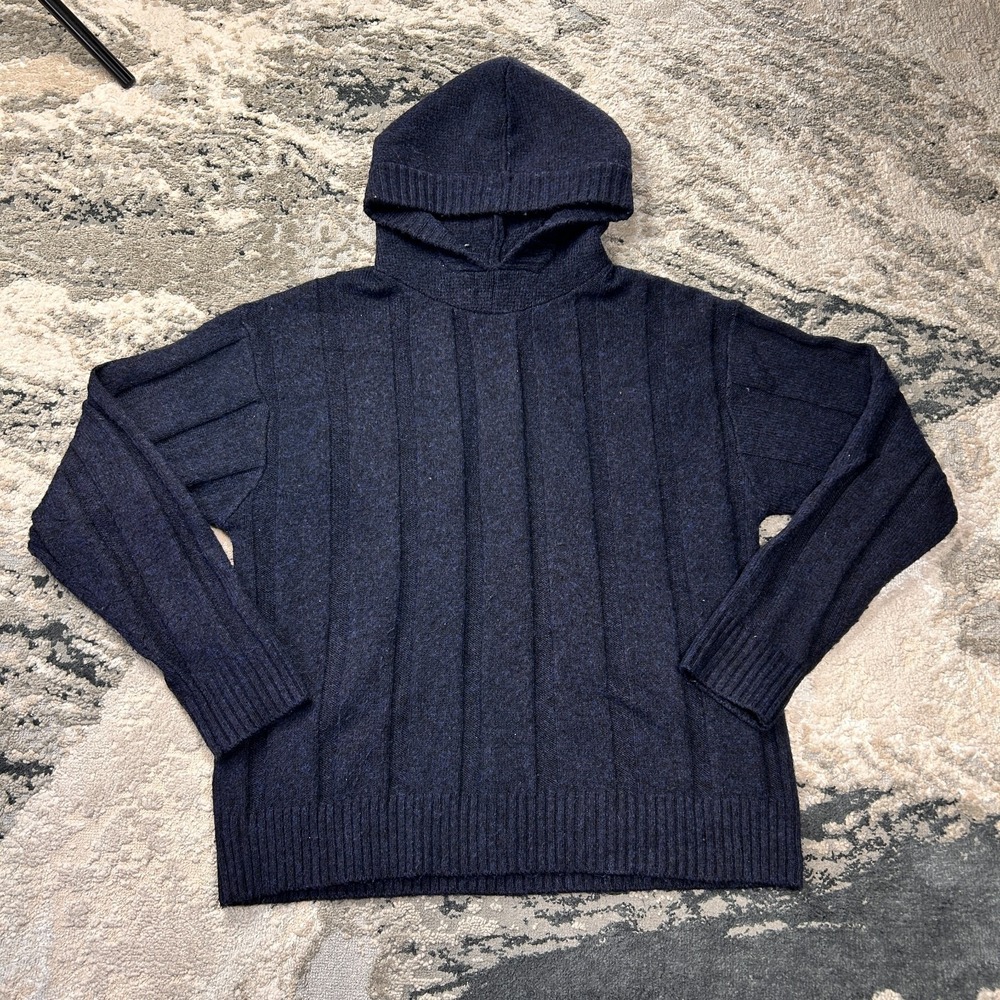 Zara Long Sleeve Sweater Womens Medium‎ Navy Blue Knit Hooded Ribbed Trim Winter